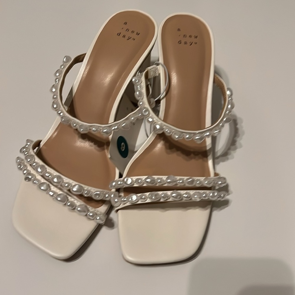 a new day Stacy cream mule heels with pearl-like strap details